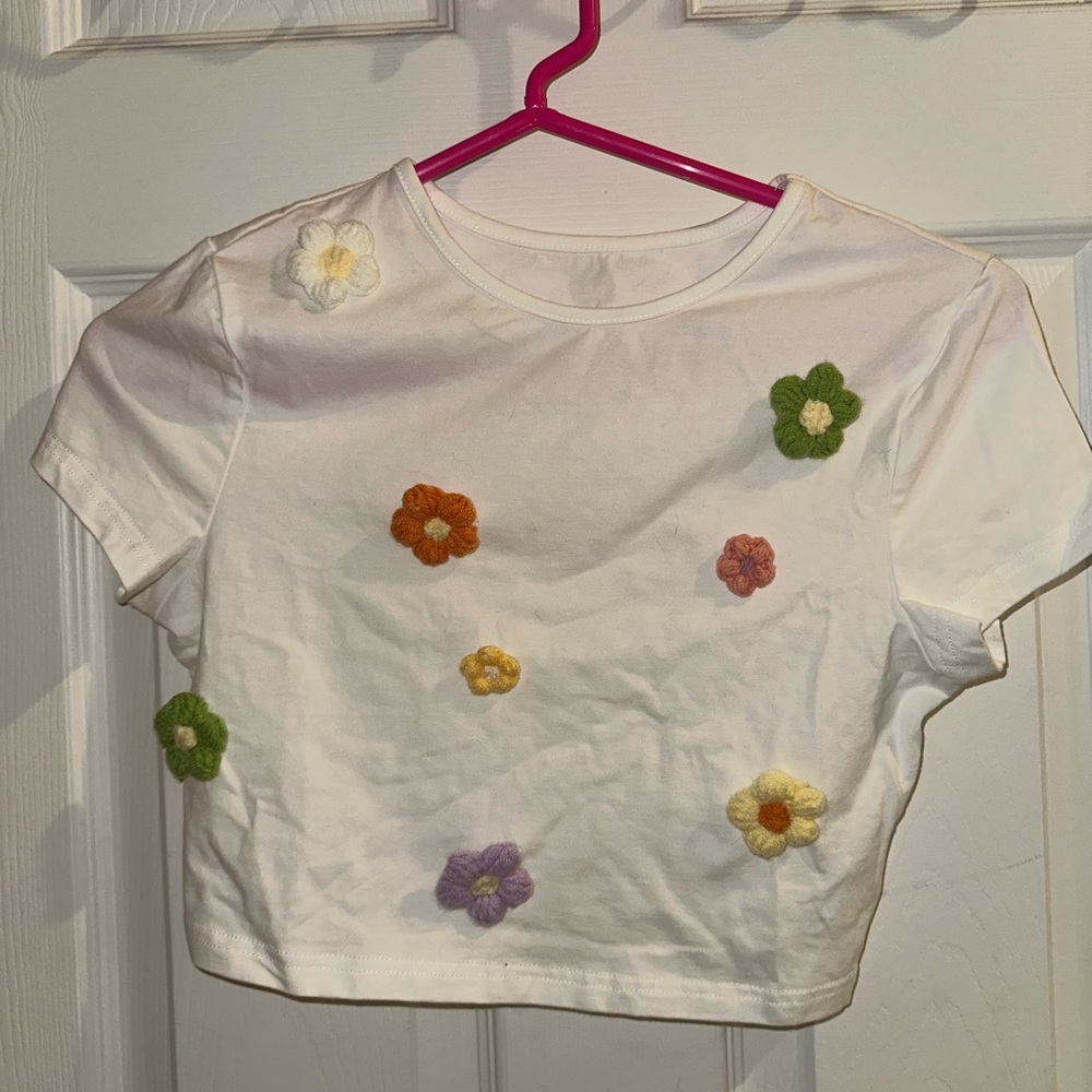Knit Floral Embellished White Crop Top
